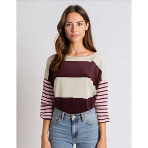 J. Crew Women's Striped Long Sleeve Top Boat Neck Burgundy Pink Sz Large Preppy